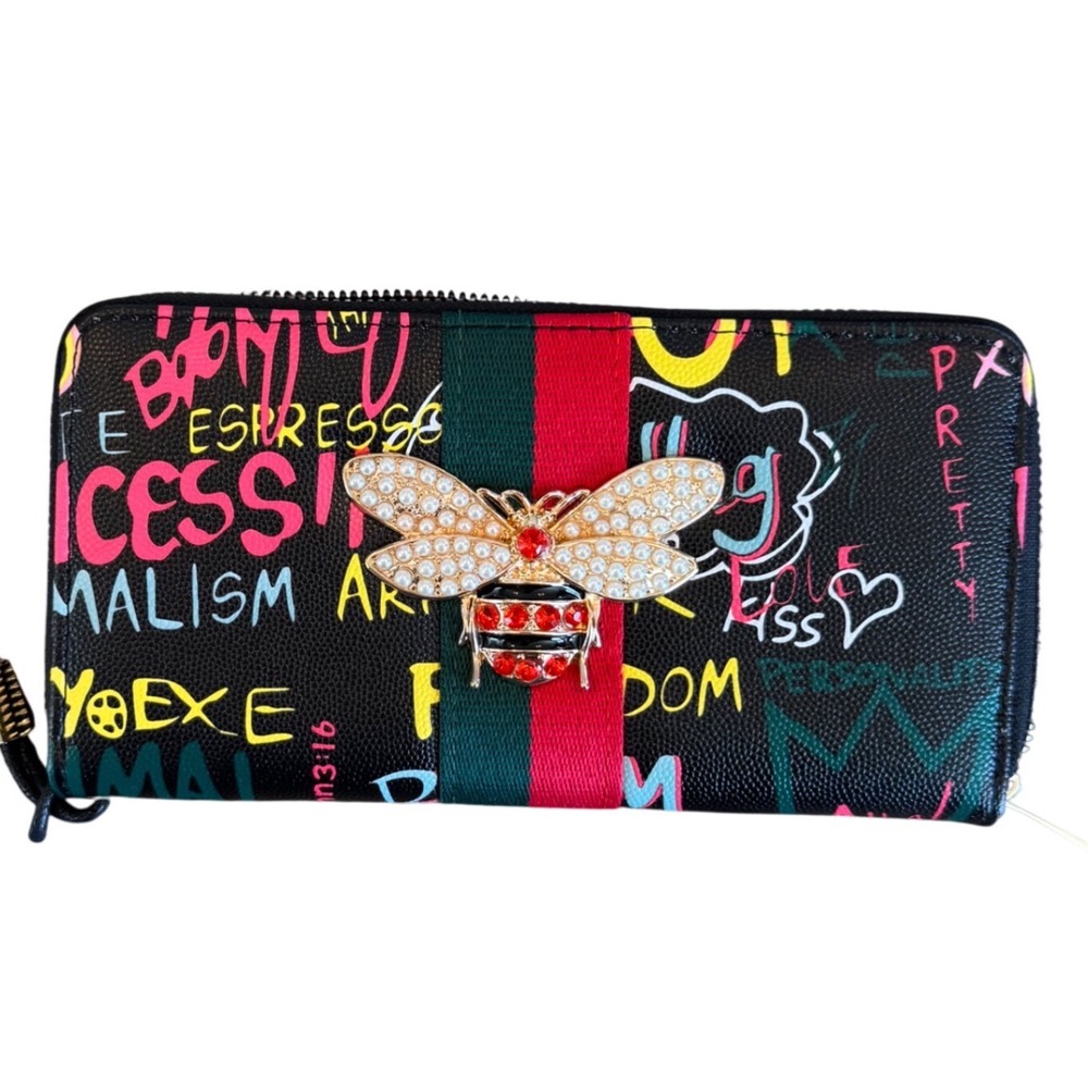 Alba Graffiti Bee Web Stripe Zip Around Wristlet Wallet Black Streetwear Bag